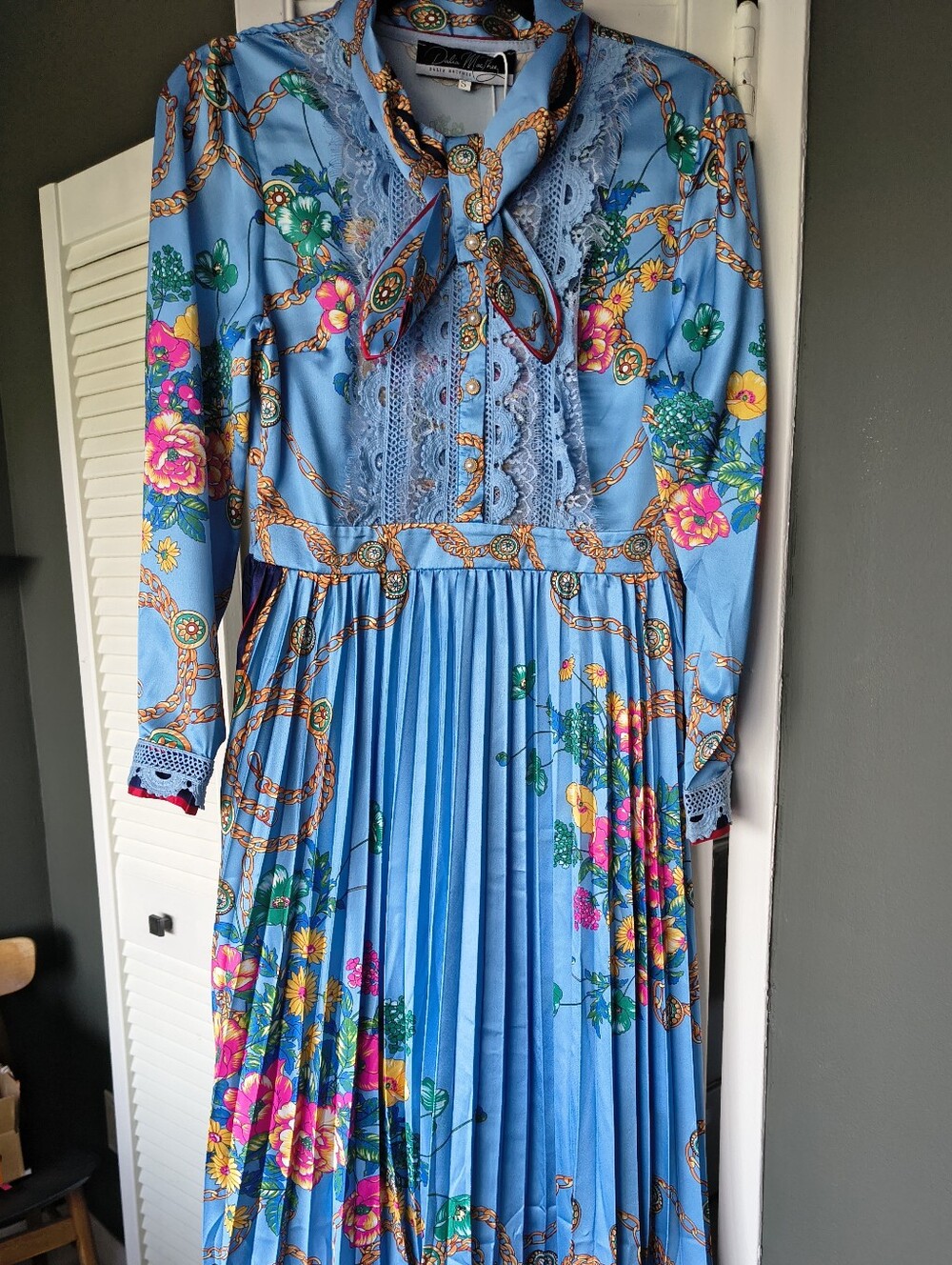 NWT Dalia MacPhee Baroque Floral Pleated Midi Dress Sz S | Maximalist Blue Gold